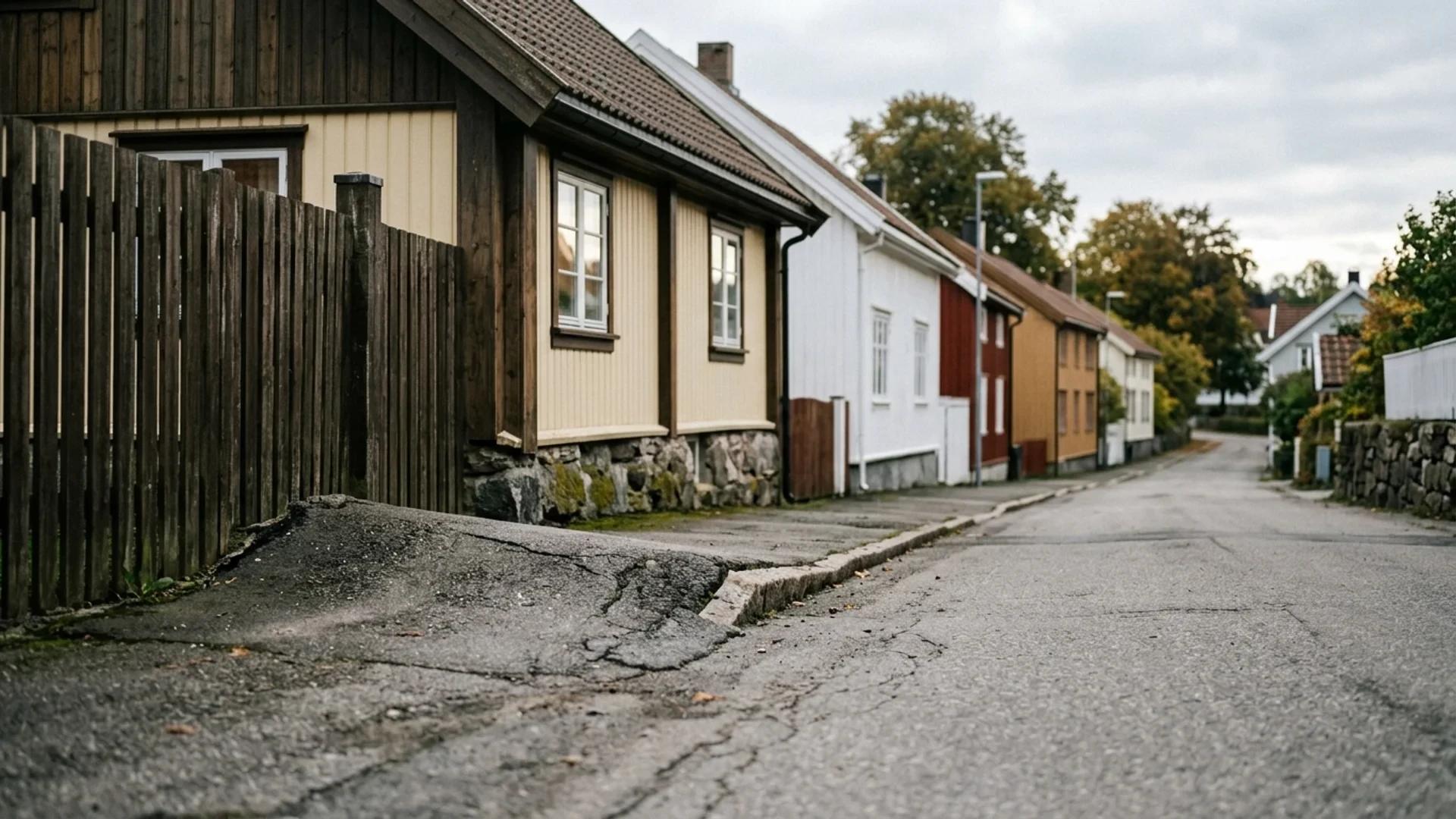 A street view of Nanset vest 3 in Larvik, showing asphalt issues at residential fences.