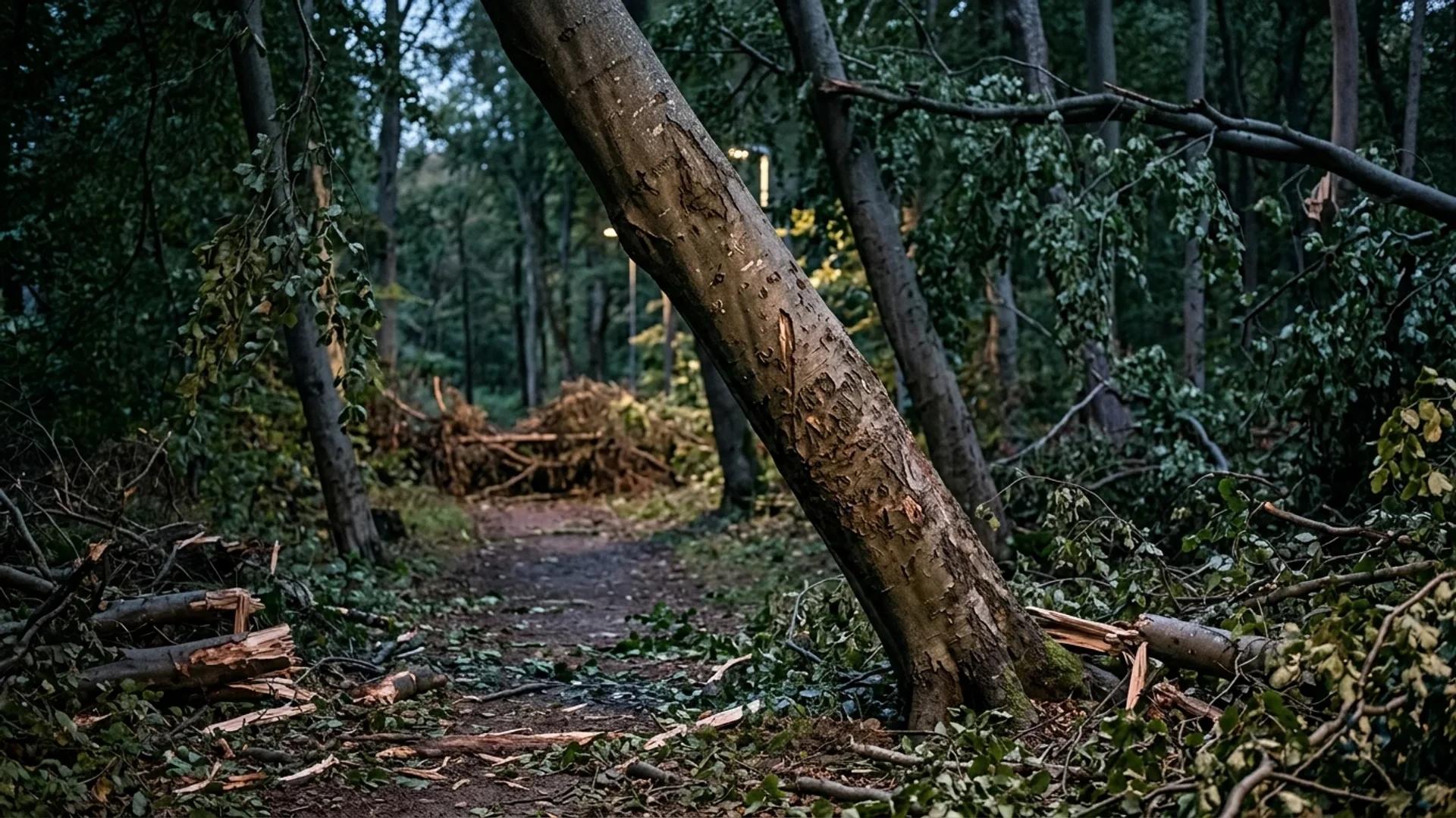 A leaning tree in Bøkeskogen showing signs of storm damage, with scattered debris on the ground.