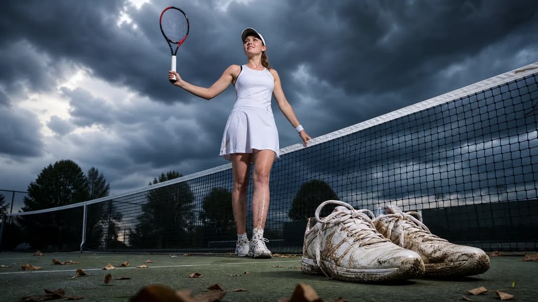 Elena Rybakina stands victorious at the tennis net with a stormy sky behind her.