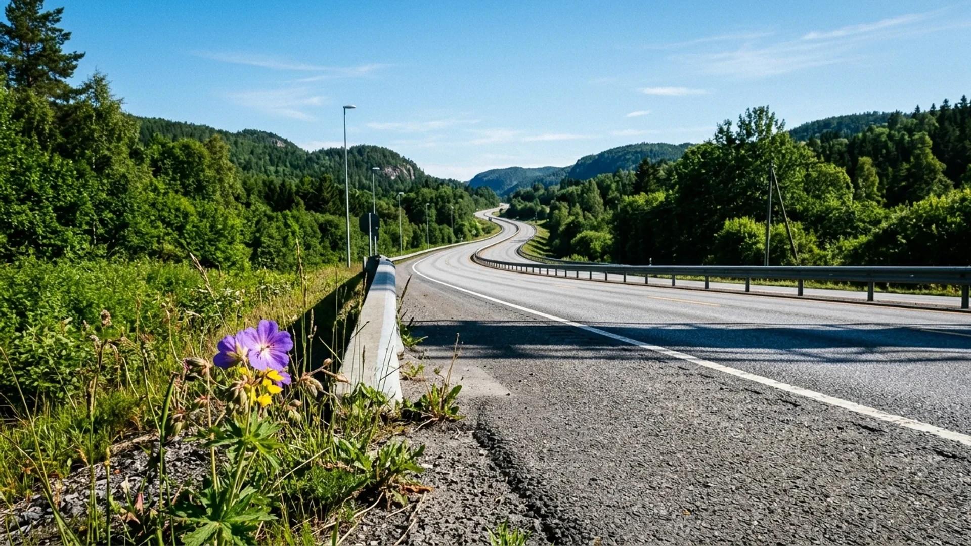 A low-angle shot of the E18 highway with wildflowers in the foreground.