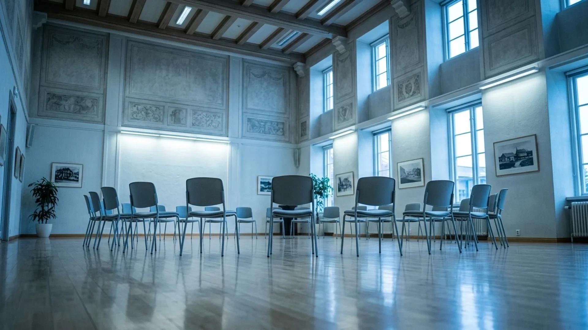 Interiør av Sliperiet med tomme stoler arrangert for et møte.