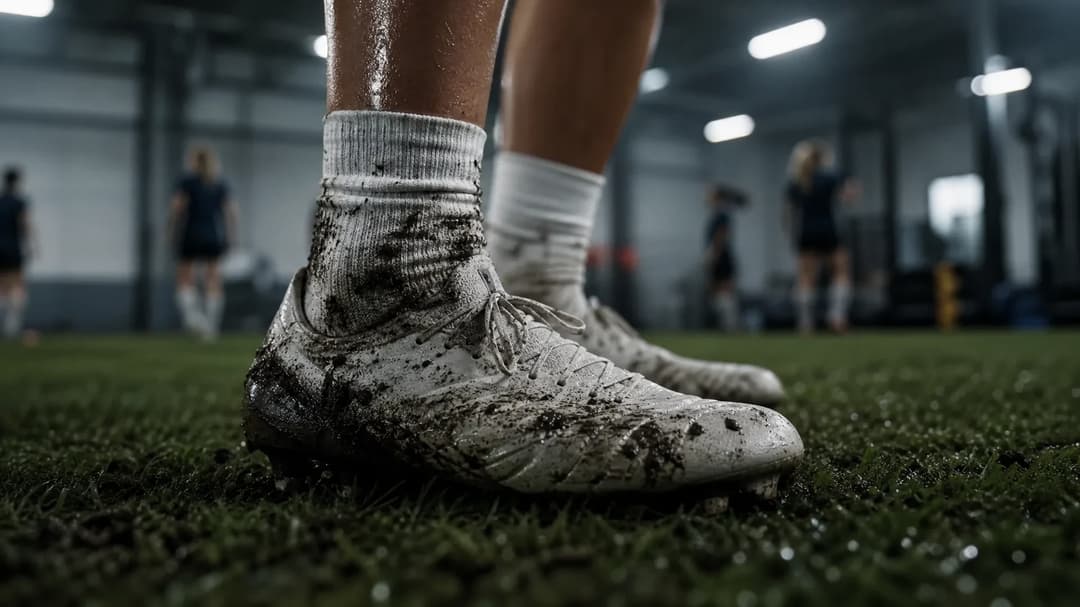 Close-up of women's football cleats in a training facility.