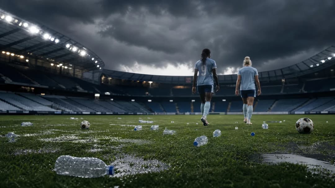 A football stadium after a match, with two players leaving the pitch under stormy skies.