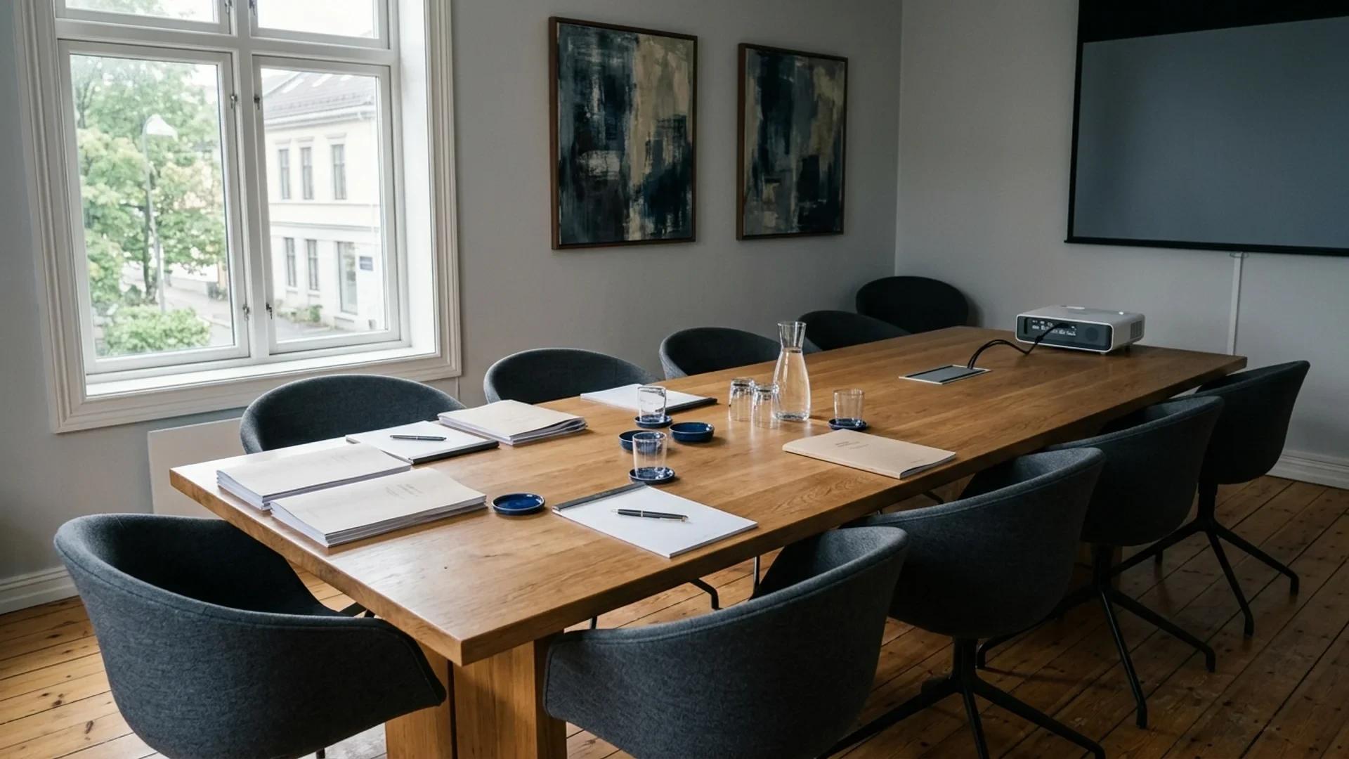 A meeting room at Feyersgate 7 in Larvik, prepared for a board meeting, with a large table and soft window light.