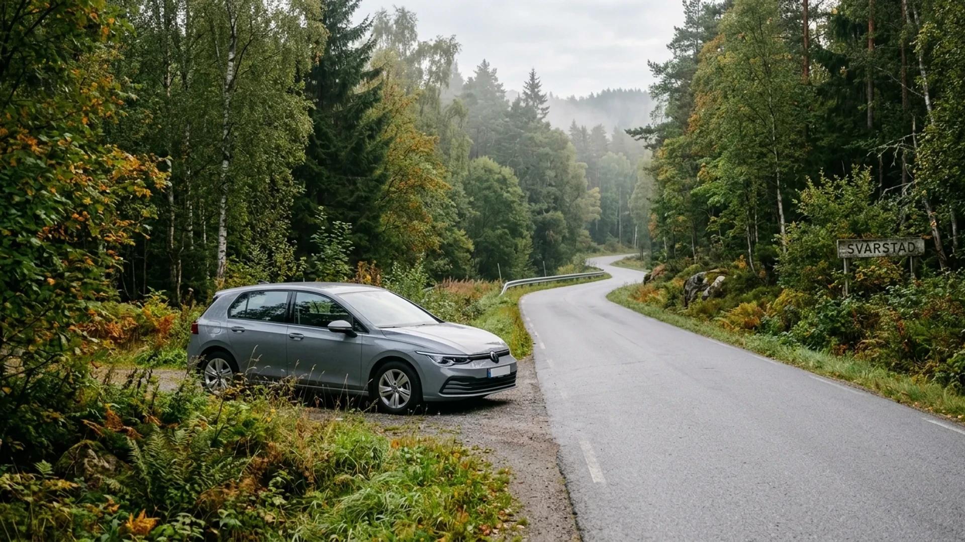 A serene roadside scene with a parked grey hatchback surrounded by trees in Svarstad, Larvik.