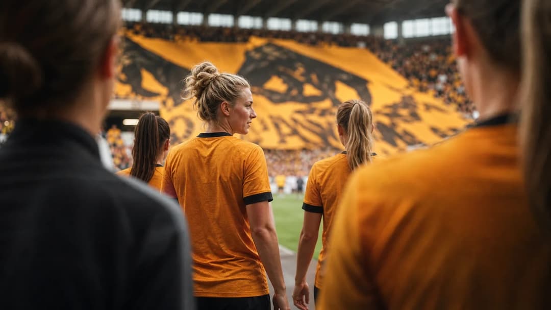 Wolverhampton Wanderers Women players emerging from the tunnel greeted by cheering fans with a large banner.