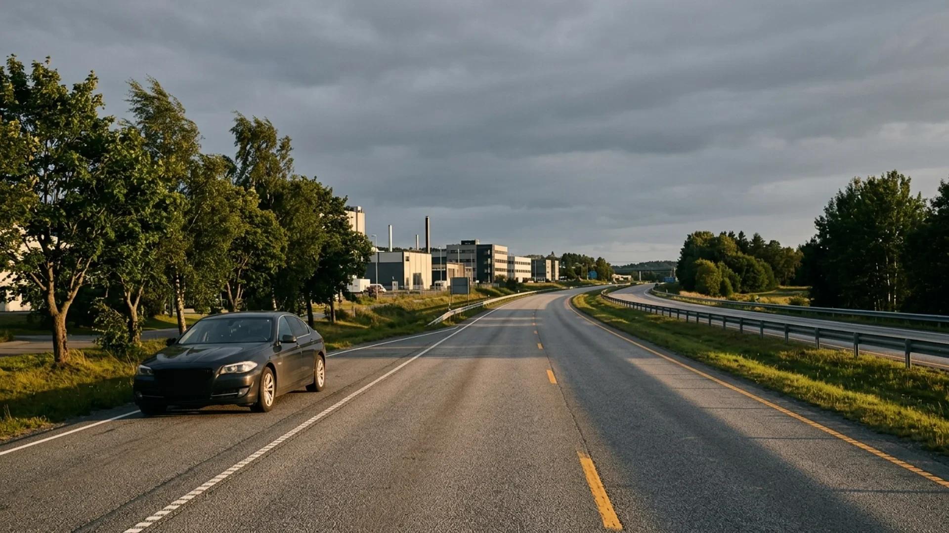 A shot of the E18 highway near Ringdal in Larvik, showing a stranded vehicle.