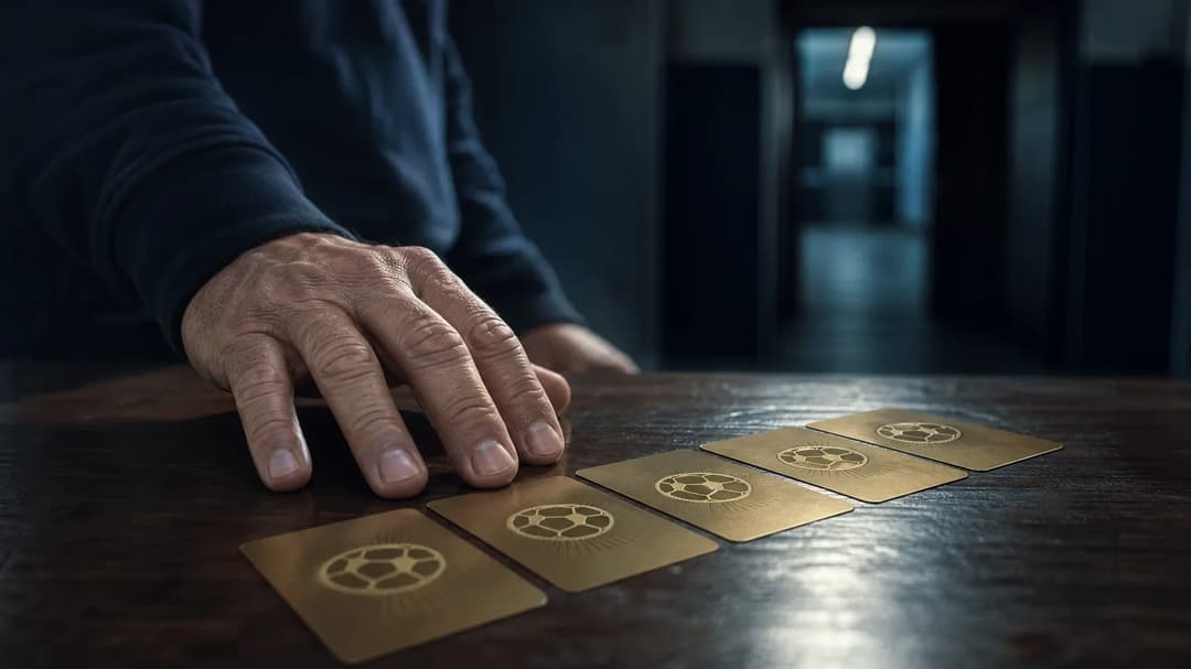A close-up of a hand resting on a table with nomination cards in a dimly lit corridor.