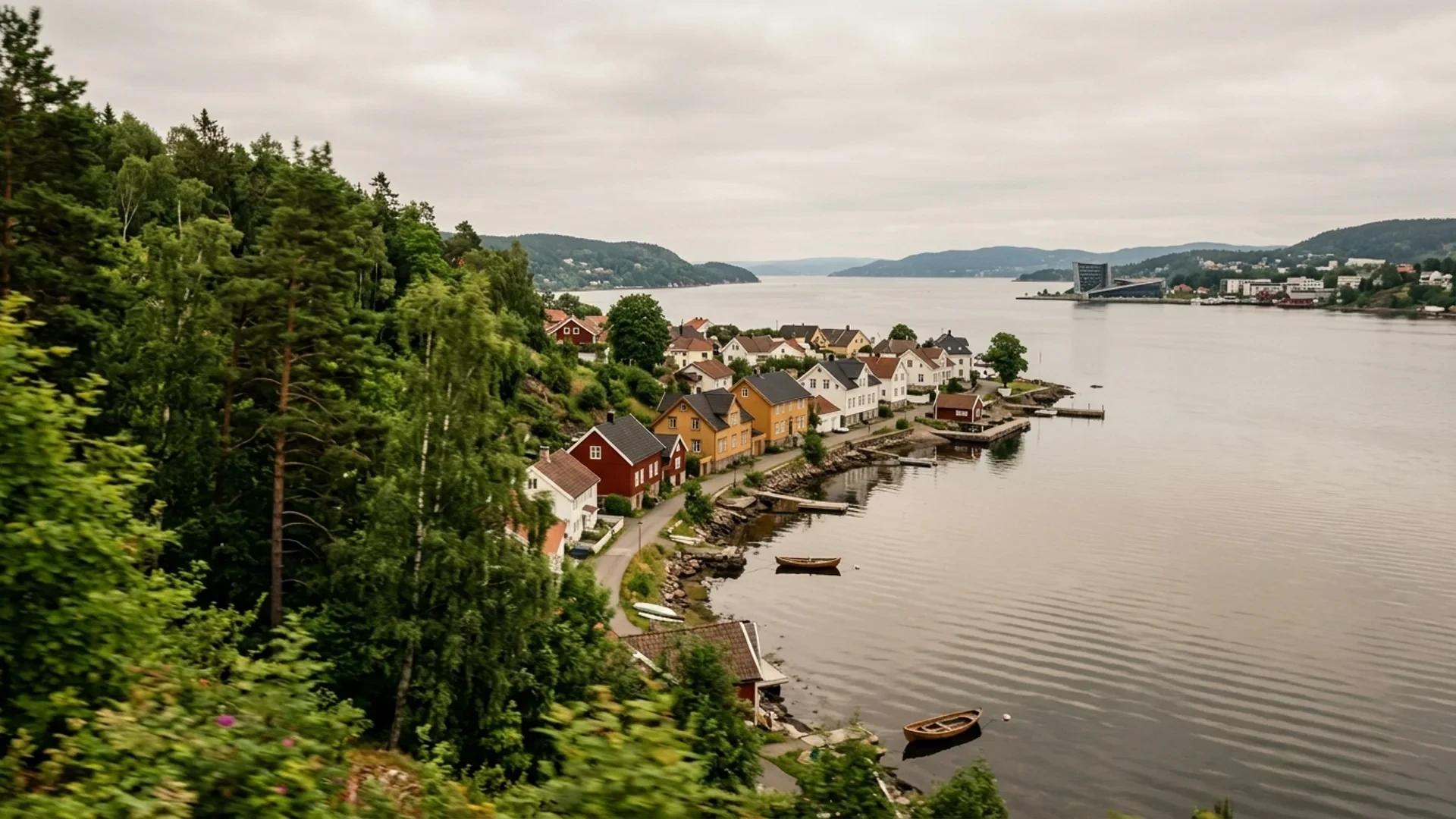 En panoramisk utsikt over Larvik med hus og fjorden.