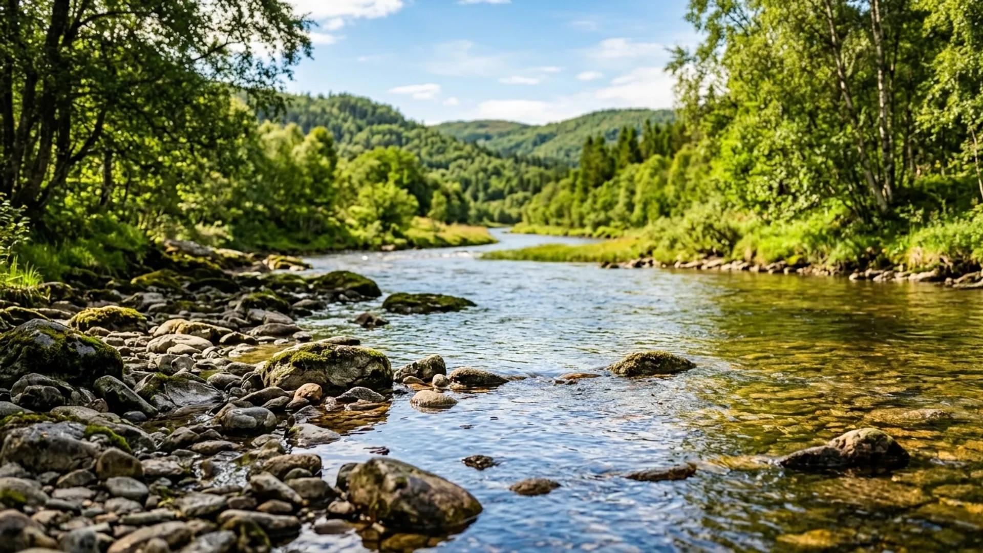 A serene landscape of the Aulivassdraget river with lush greenery and rocky banks.
