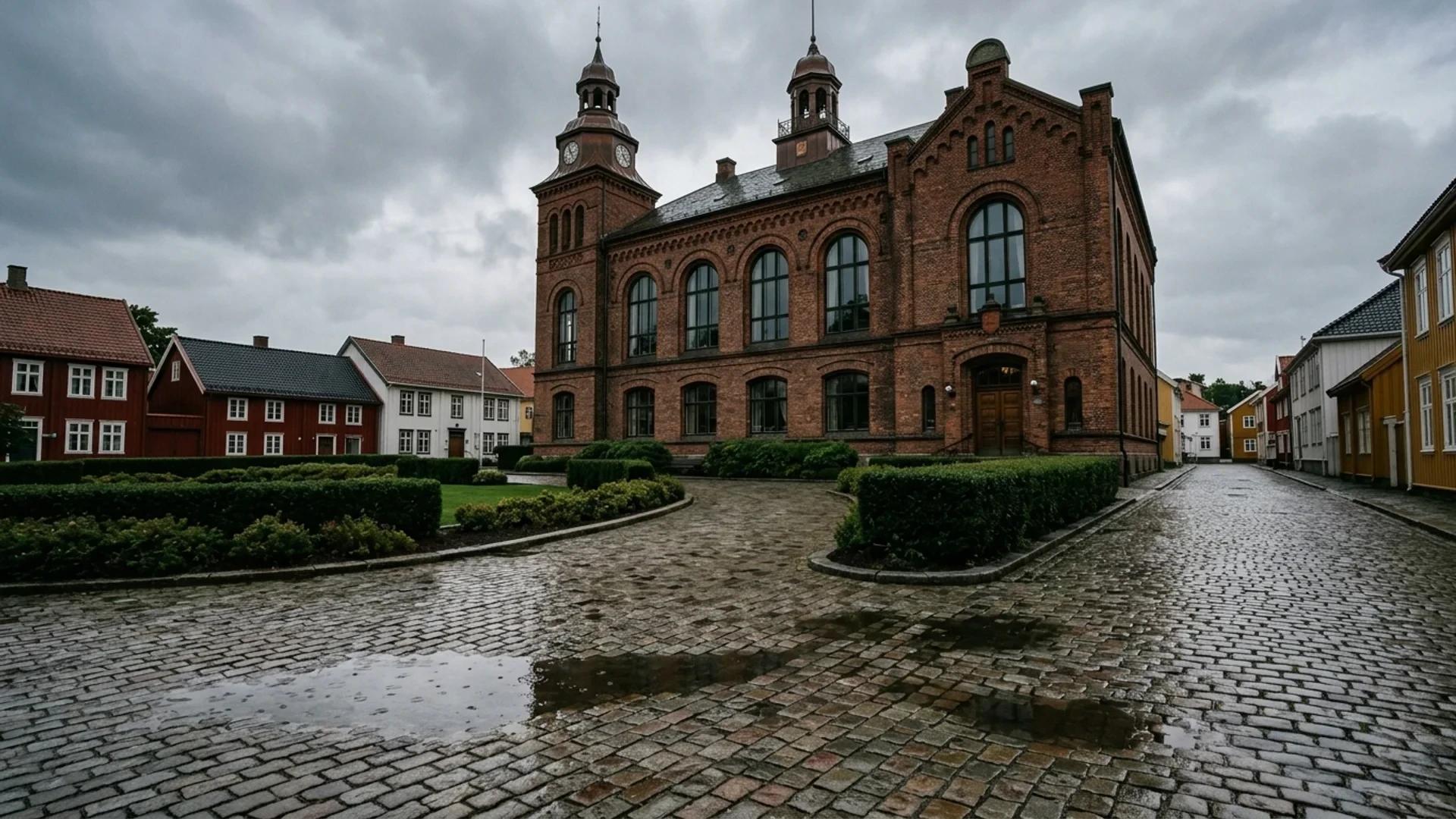A view of the town hall in Larvik during a calm and contemplative moment with soft lighting.