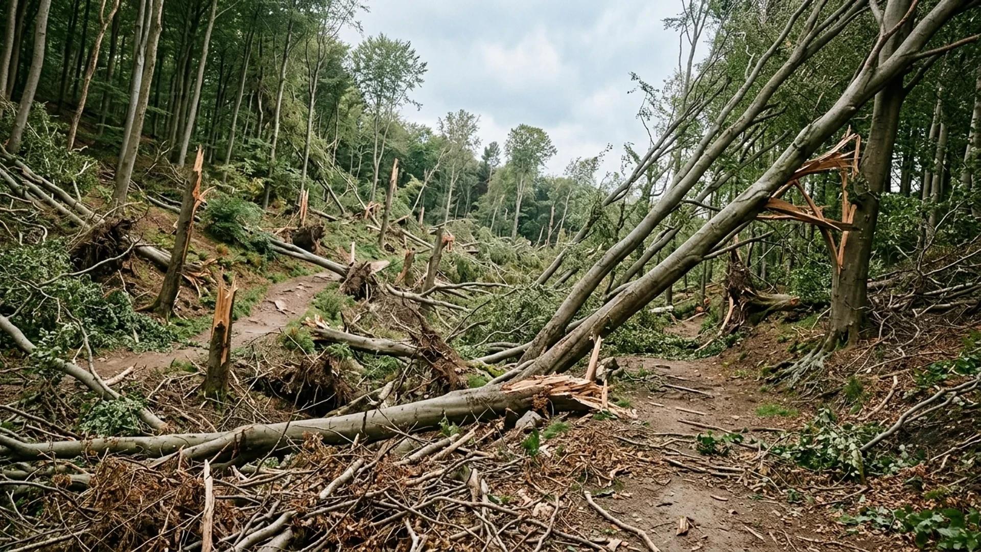 Bøkeskogen forest with fallen trees after storm damage.