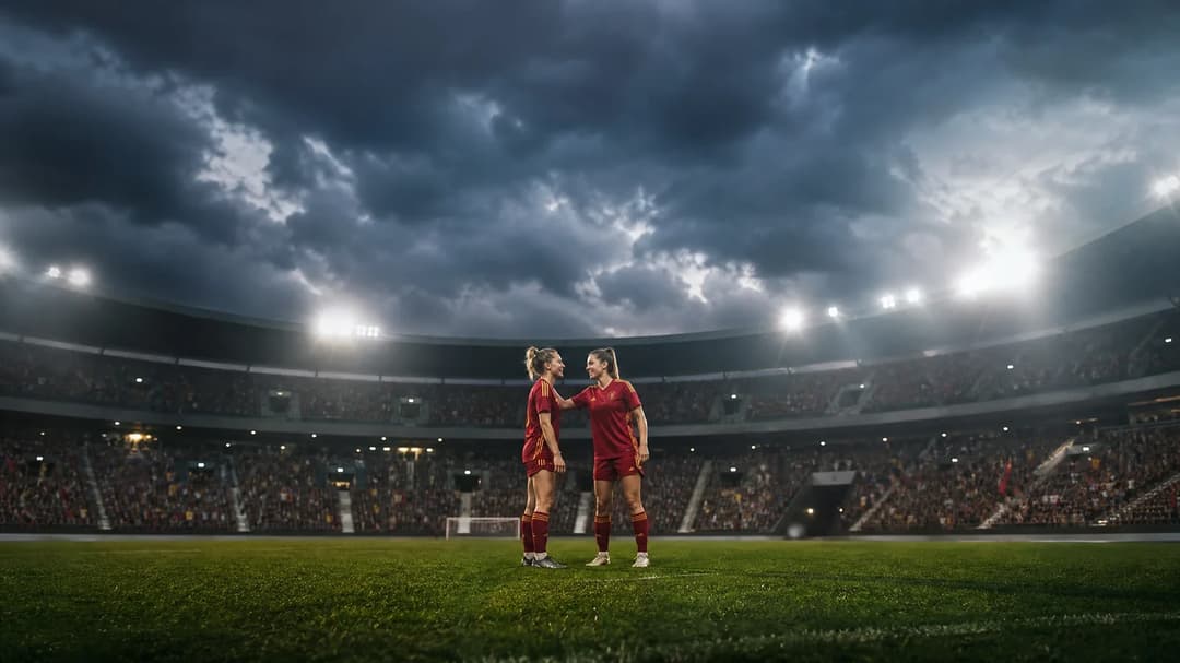 Two AS Roma players celebrating on the pitch after a match.