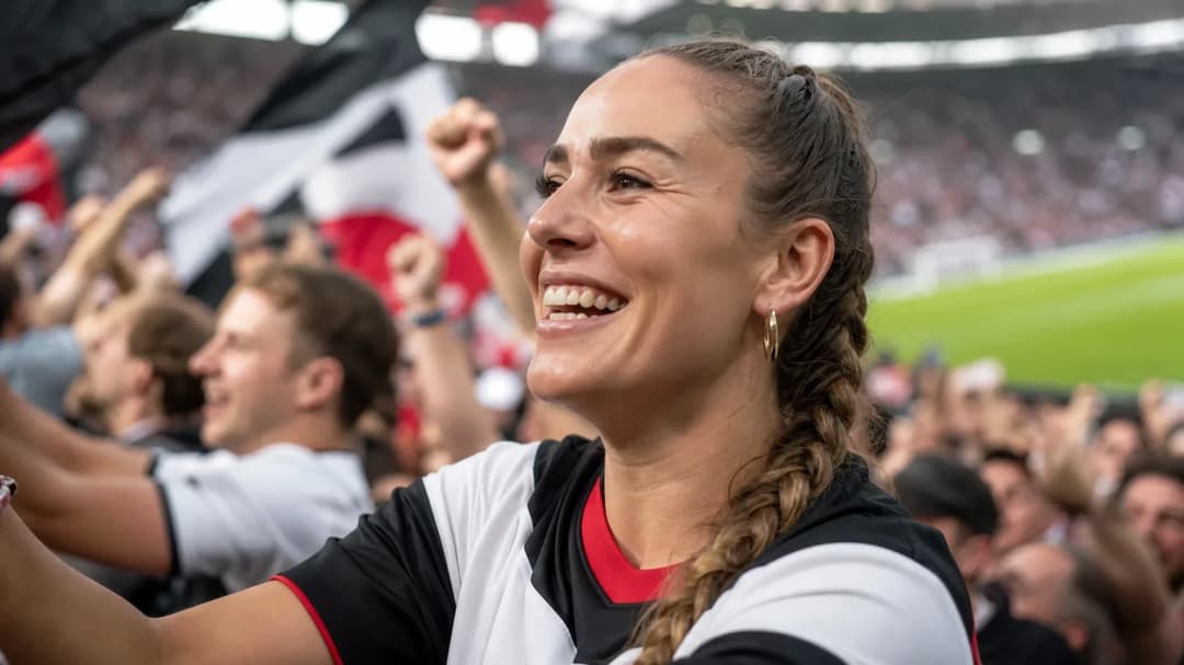 Ein Nahaufnahme einer fröhlichen weiblichen Fangemeinde im Stadion, die das Spiel von Eintracht Frankfurt feiert.