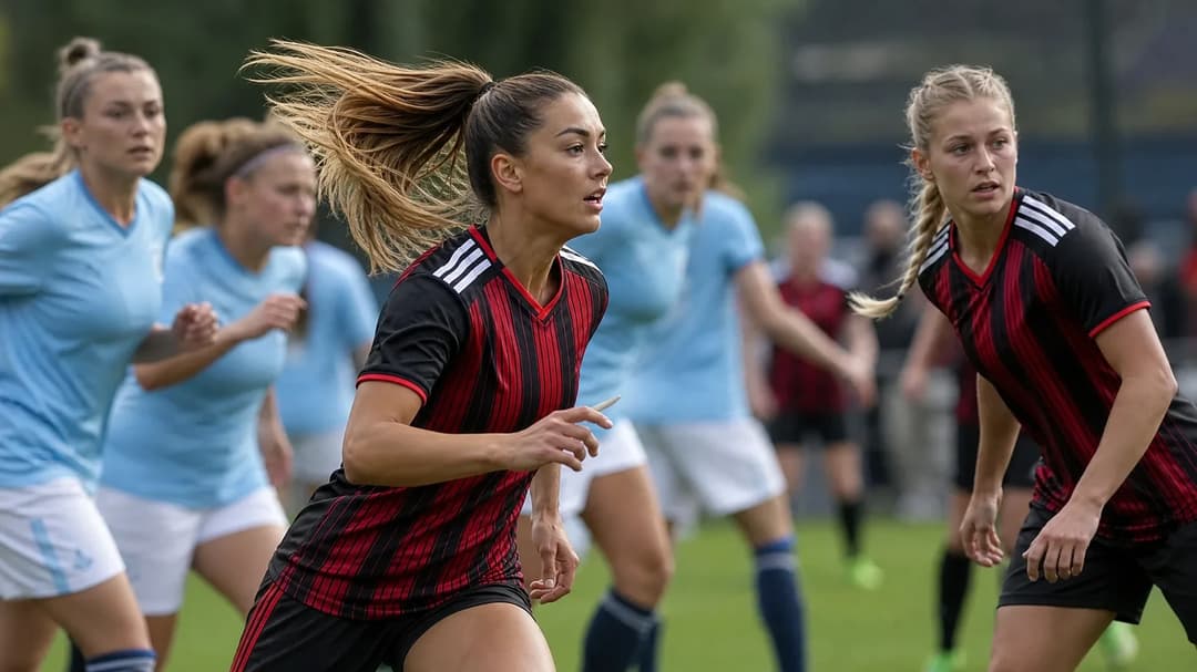 Eine Gruppe von Fußballspielerinnen von Eintracht Frankfurt und TSG Hoffenheim bereitet sich auf den Einsatz auf dem Feld vor, während eine Spielerin voraus sprintet.
