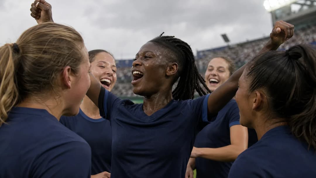 Barbra Banda celebrating with teammates after scoring a goal.