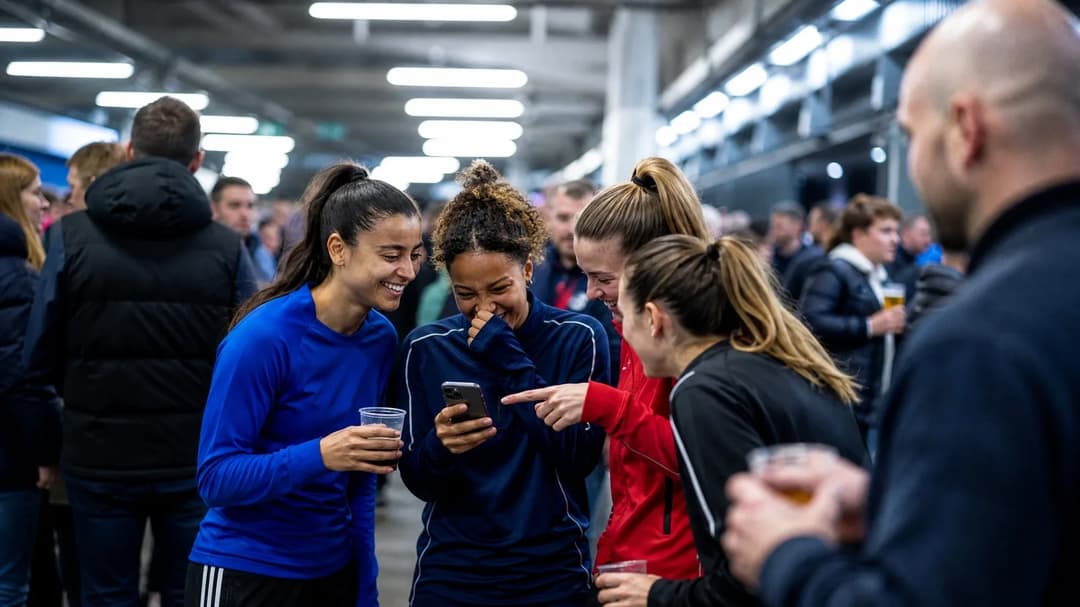A group of young female athletes discuss fantasy football picks in a crowded sports arena.