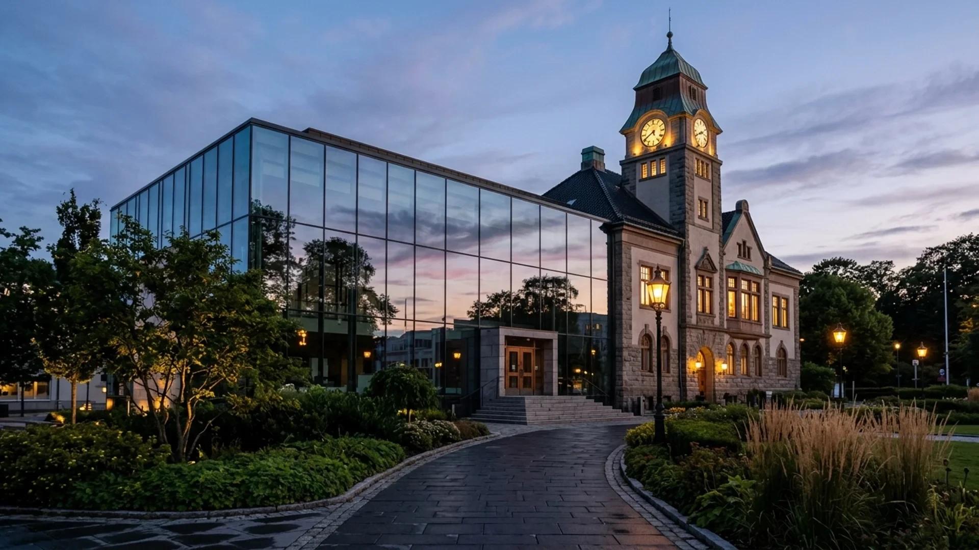 A dusk view of Larvik Town Hall reflecting the evening light, surrounded by greenery.
