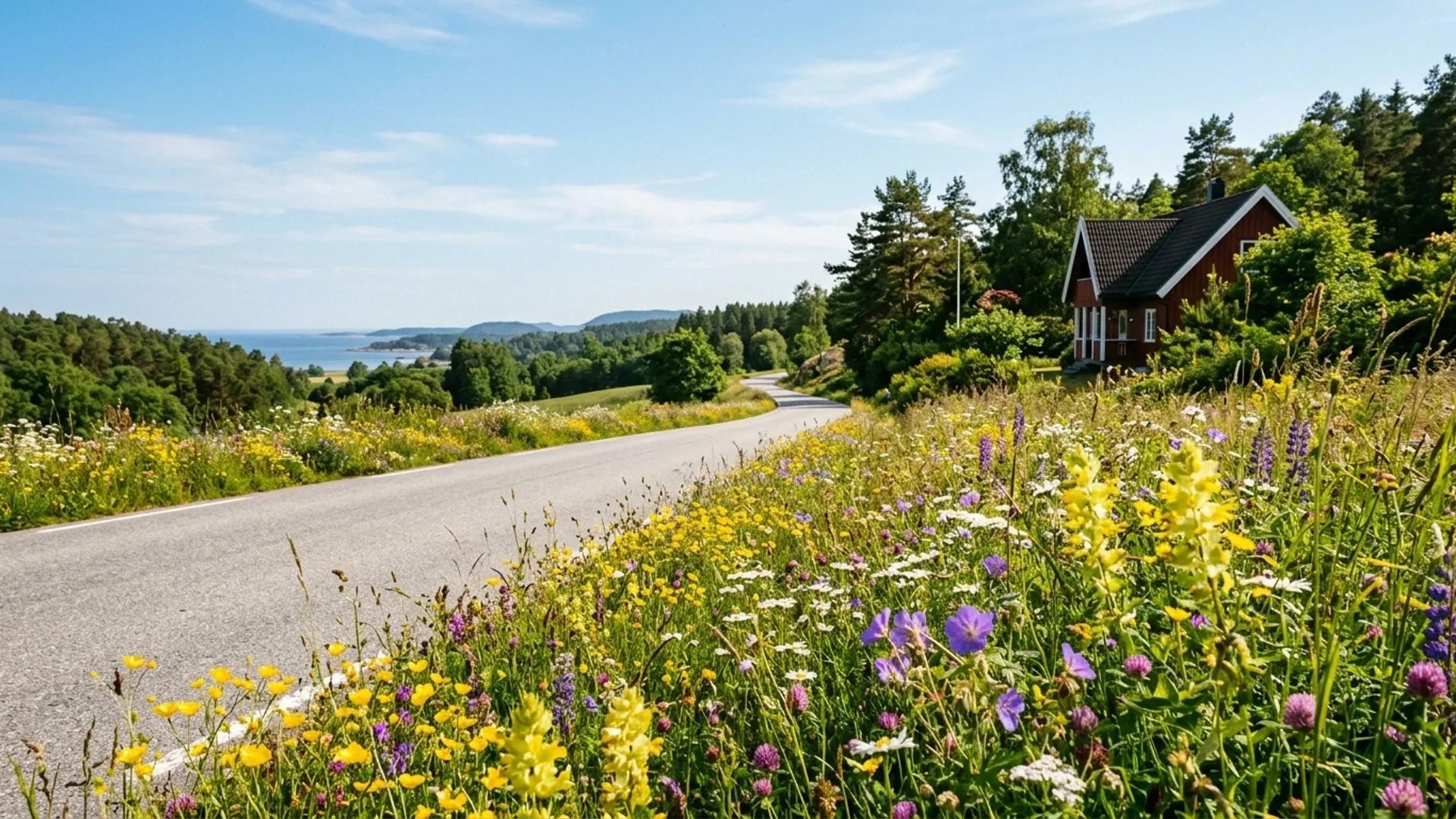 A scenic view of a flowering roadside along a coastal road in Larvik, Norway, featuring a wooden house and bright wildflowers.