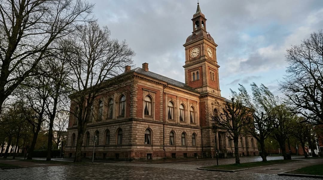 Larvik Town Hall captured in a low-angle shot during soft lighting, emphasizing its architectural features.
