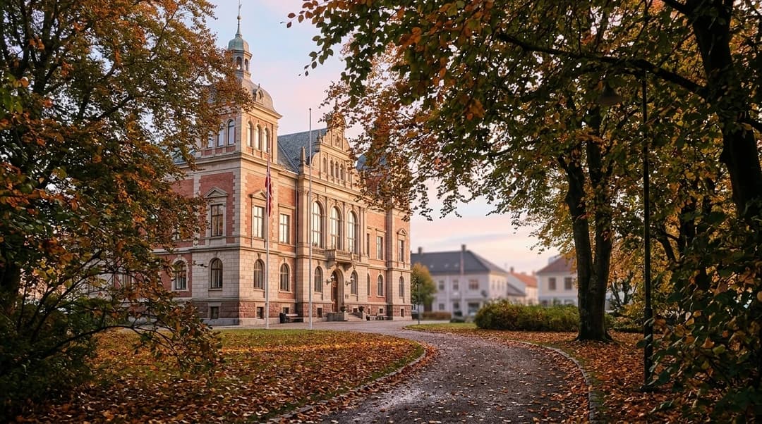 A serene view of the town hall in Larvik, partially obscured by trees and illuminated by dappled light.
