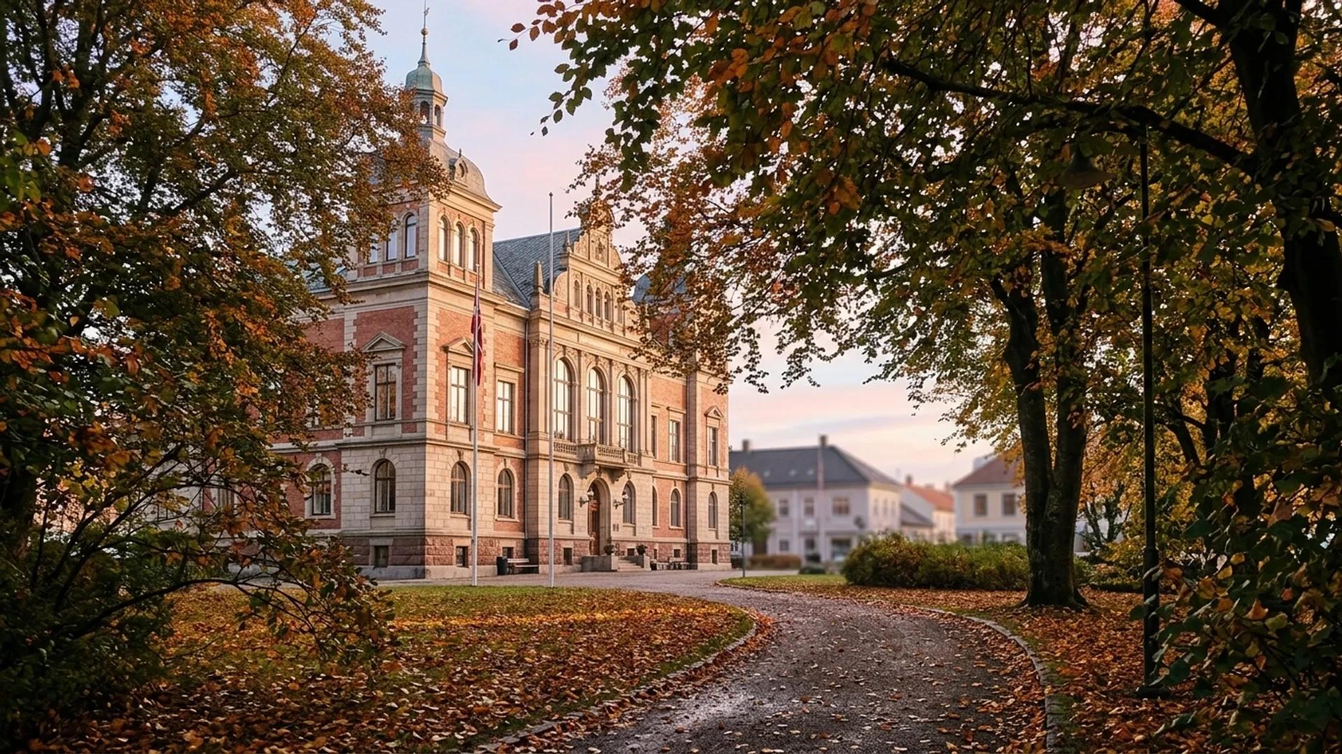 A serene view of the town hall in Larvik, partially obscured by trees and illuminated by dappled light.