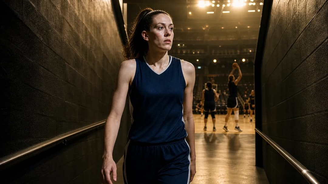Breanna Stewart confidently walks out of a dark tunnel into a brightly lit stadium, ready for the game.