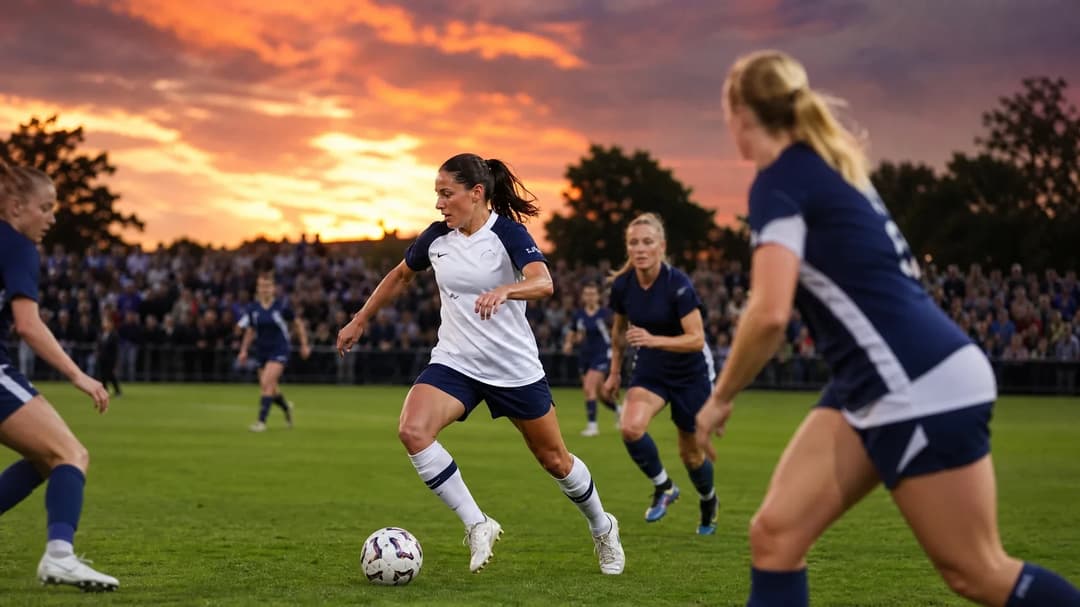 Daniëlle van de Donk dribbles the ball on a football pitch with players and fans in the background.