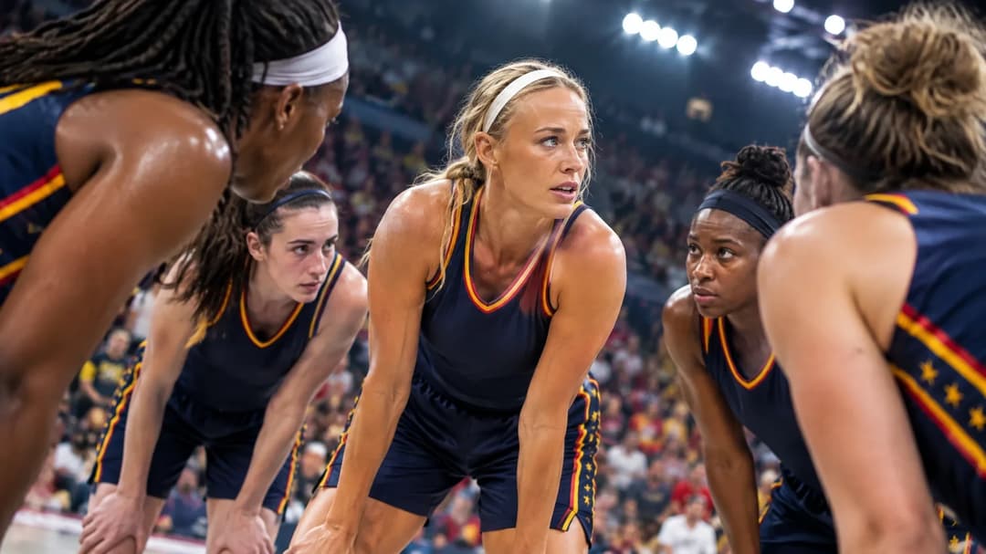 Sophie Cunningham surrounded by her Indiana Fever teammates in a gym.
