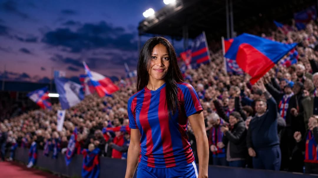 Caitlin Cosme stands confidently on the pitch at Selhurst Park, surrounded by a cheering crowd in a twilight atmosphere.