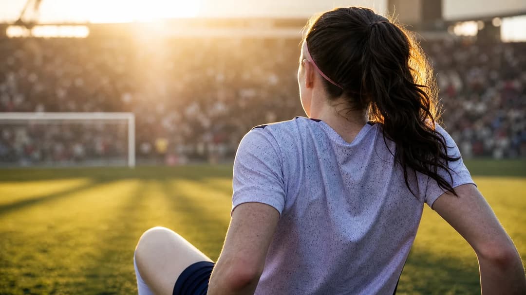 A female footballer stretching before a match with the crowd blurred in the background.