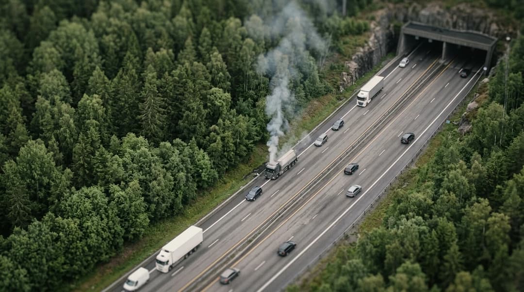 Aerial view of the E18 highway near Gullitunnelen showing smoke rising from a vehicle fire.