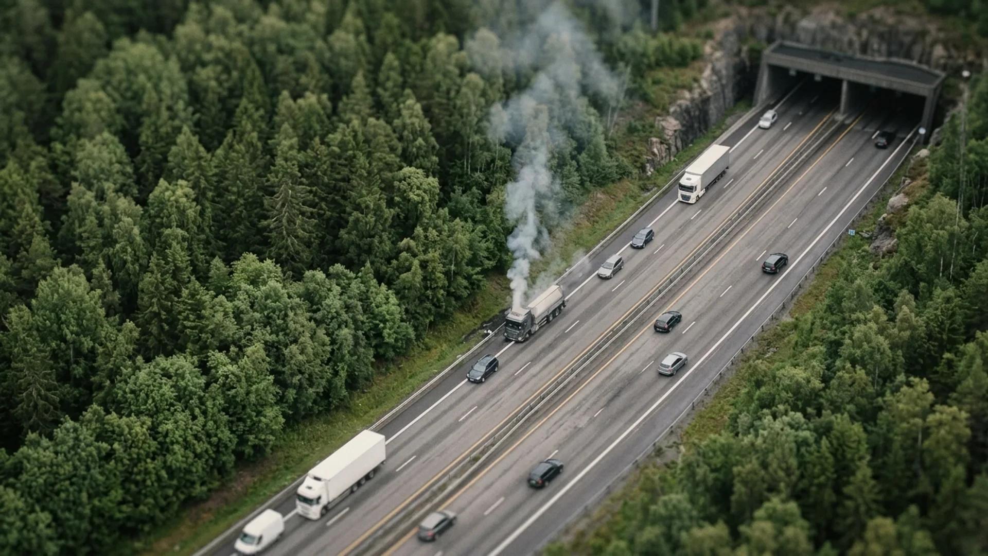Aerial view of the E18 highway near Gullitunnelen showing smoke rising from a vehicle fire.