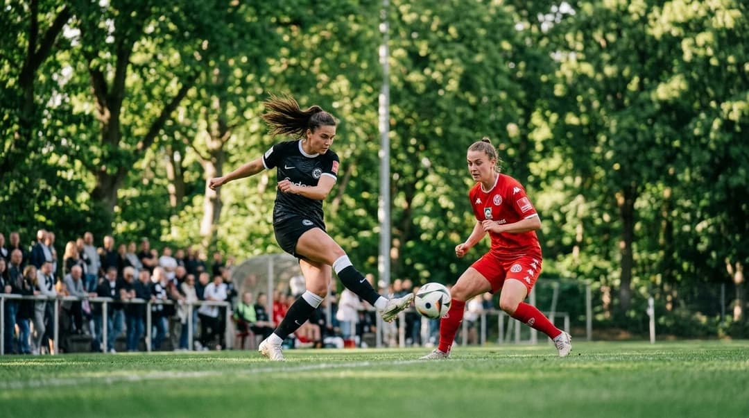 Female football players from Eintracht Frankfurt and Mainz 05 in action on the pitch.