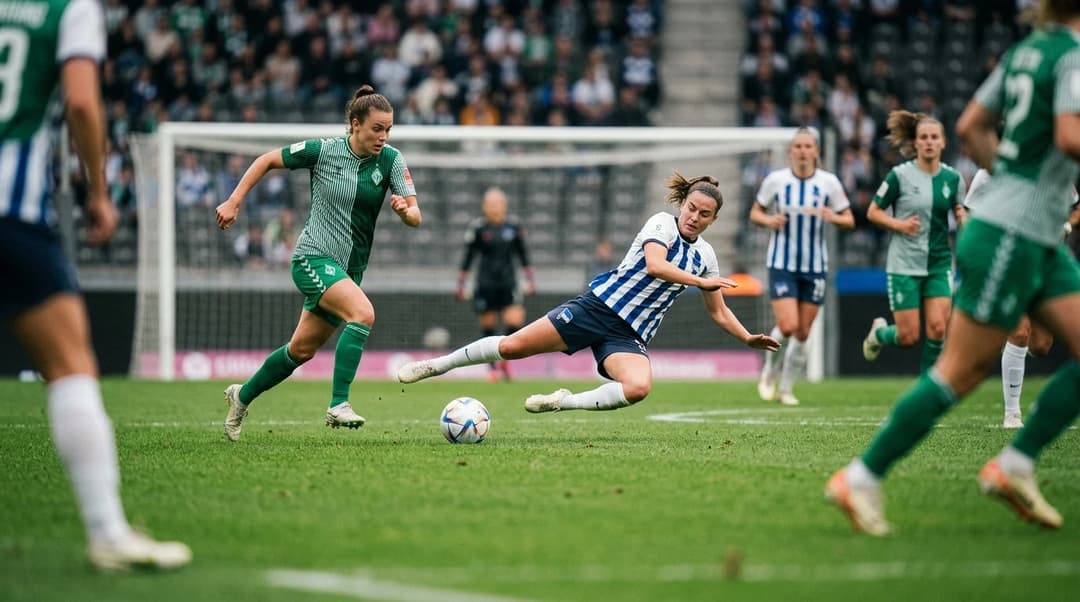 An intense moment from a Frauen Bundesliga match between Hoffenheim and Wolfsburg, with players actively engaged in play.