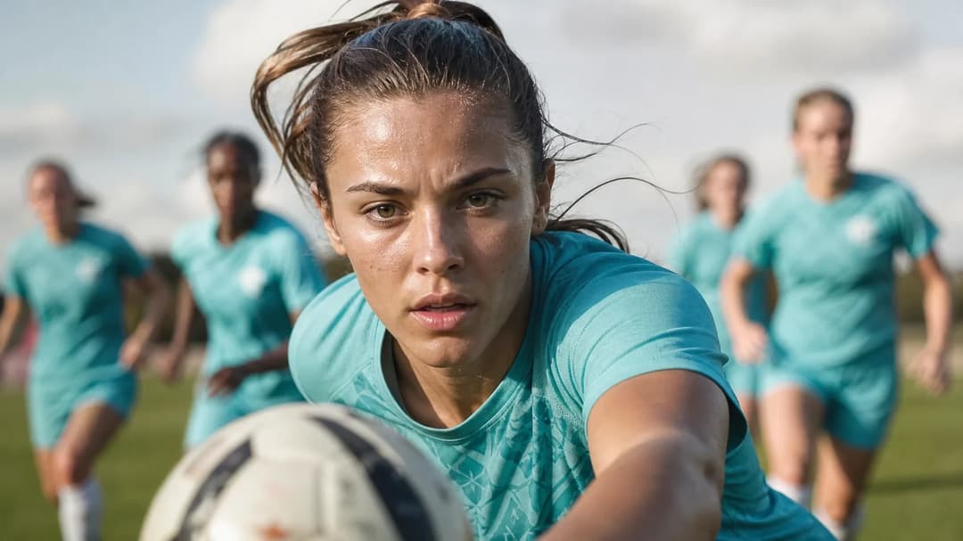 A close-up of a female football player dribbling a ball during training.