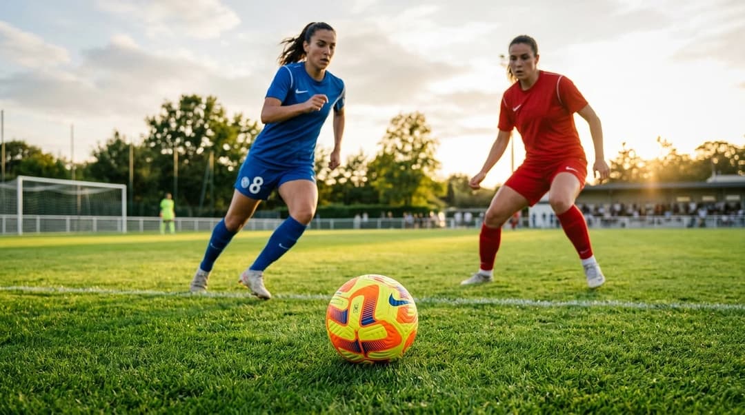 A close-up of a football on a training pitch with players in the background.