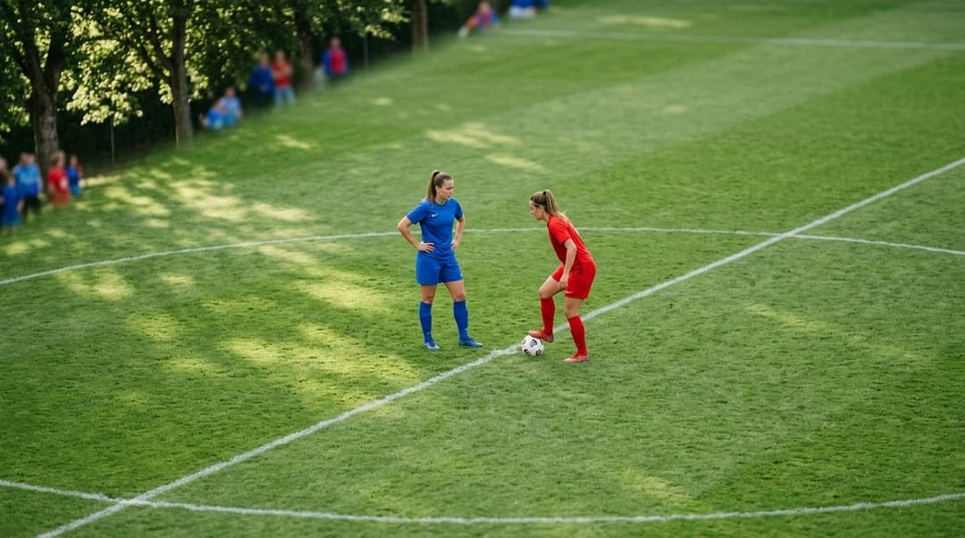 A bird's-eye view of two female football players from Lyon and Le Havre interacting on the pitch during a match.