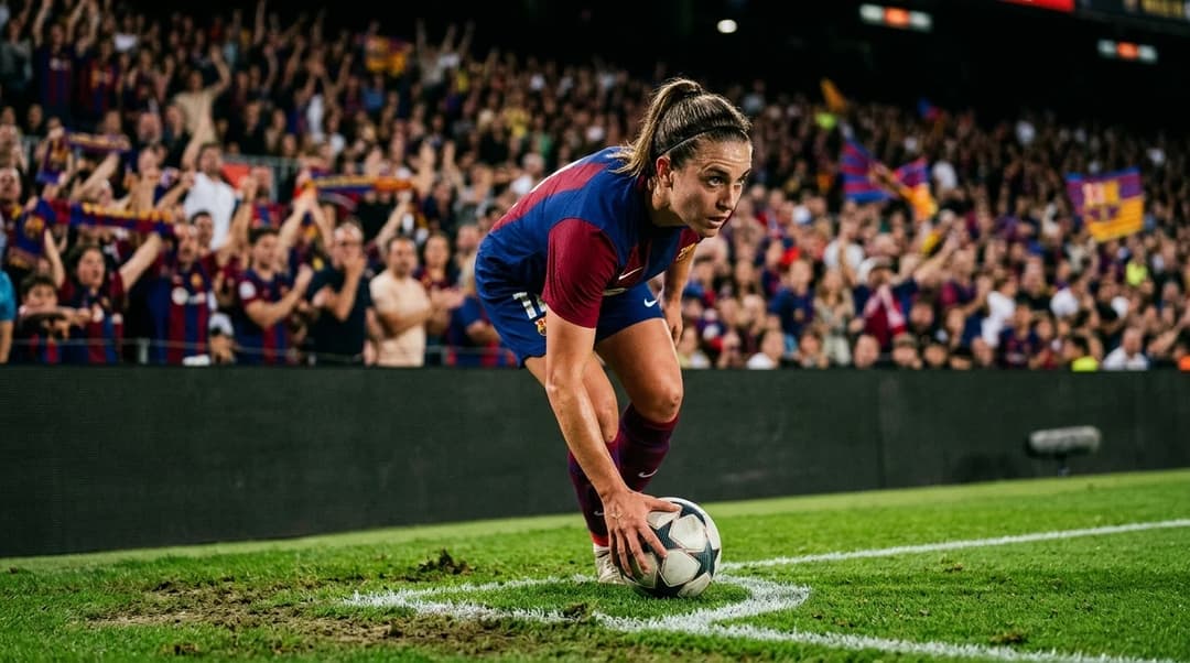 A female football player from FC Barcelona prepares for a corner kick in a stadium filled with fans.