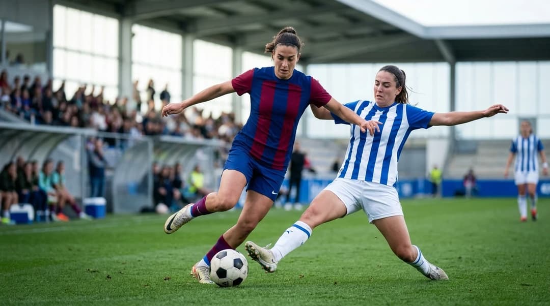 Una jugadora del Barcelona esquivando a una defensora durante un partido.