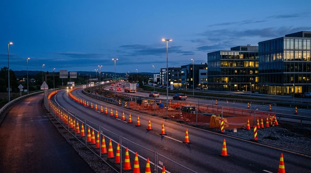 A view of the E18 highway near Tønsberg during dusk, with traffic cones and construction barriers visible in an empty roadway.