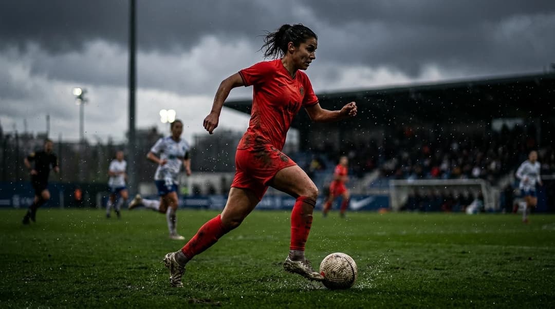 A close-up of a female footballer dribbling a ball on a rainy pitch, with stormy clouds overhead.
