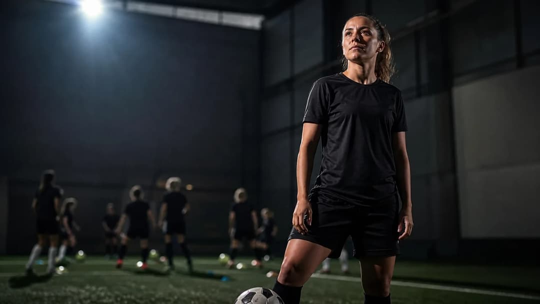Amaiur Sarriegi está en una instalación de entrenamiento con una luz enfocada, luciendo decidida mientras se prepara para su nueva etapa con la Juventus.
