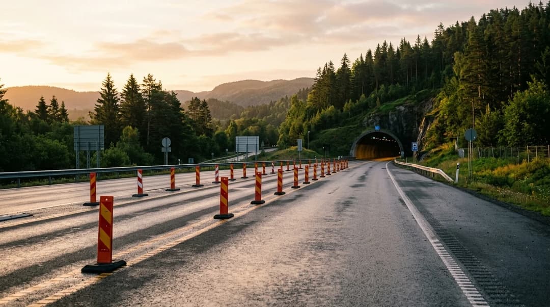 An empty E18 highway near the Sky miljøtunnel in Larvik, illuminated by warm sunlight.