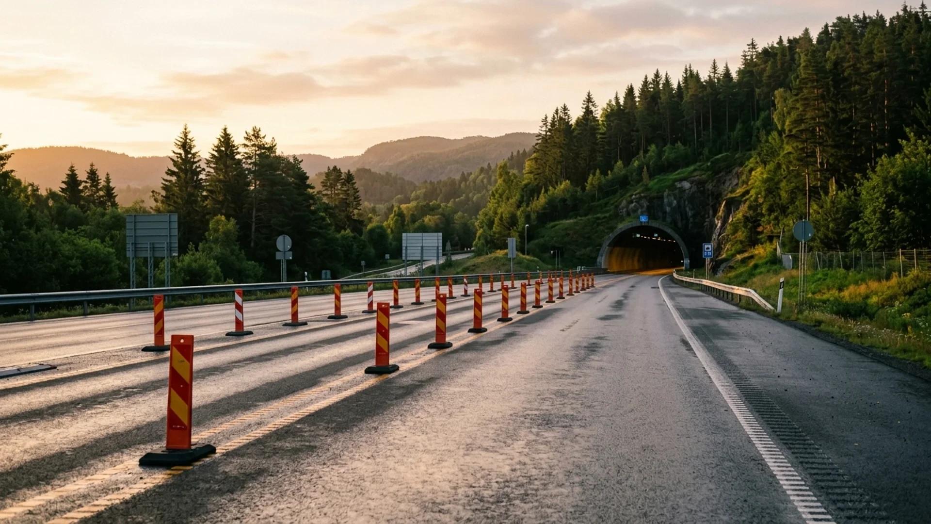 An empty E18 highway near the Sky miljøtunnel in Larvik, illuminated by warm sunlight.
