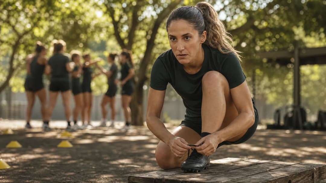 Savannah DeMelo tying her shoelaces in a training facility, focused and determined.