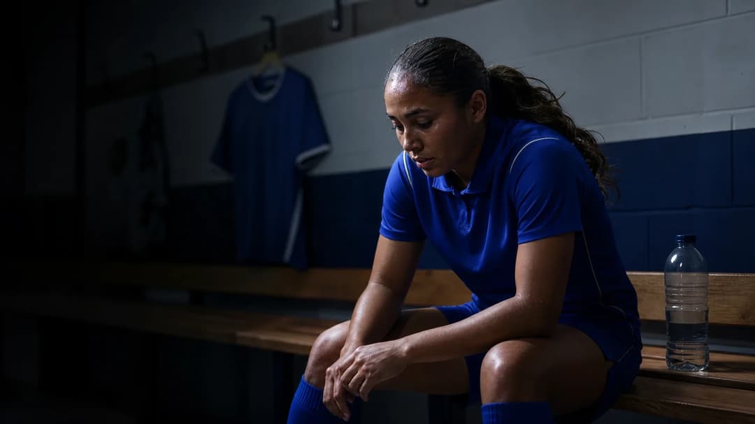 Alyssa Thompson sitting alone in a locker room with a spotlight highlighting her face, looking introspective.