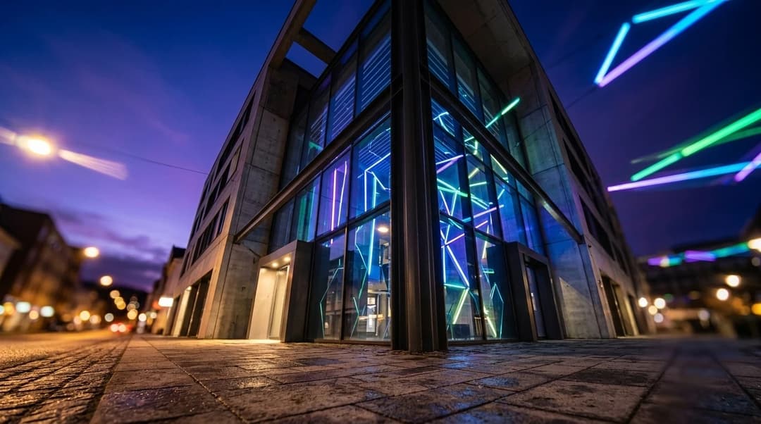 A close-up view of the Dokumentsenteret building at night with neon reflections.
