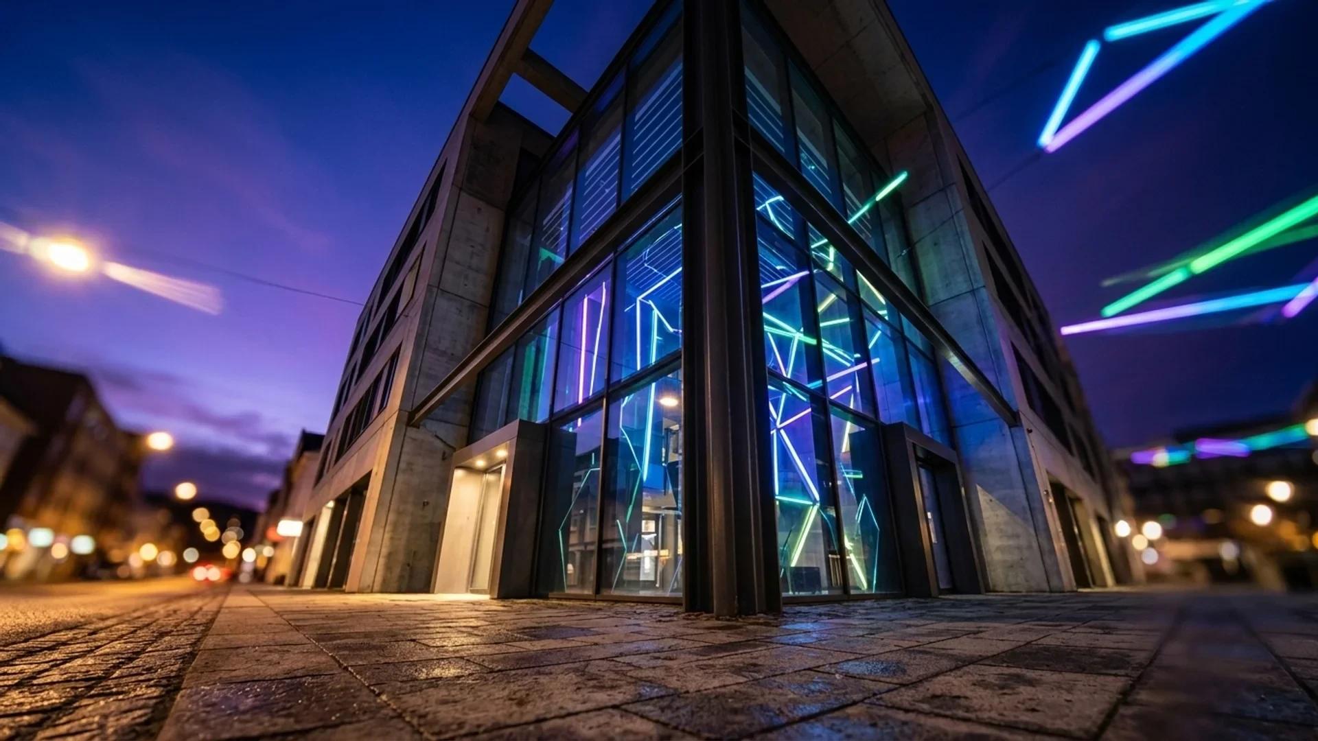 A close-up view of the Dokumentsenteret building at night with neon reflections.
