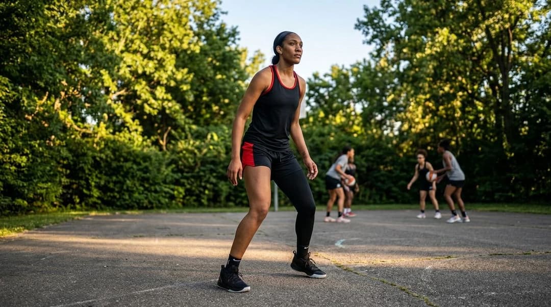 A'ja Wilson stands at the edge of a basketball court, focused and ready, with teammates blurred in the background.
